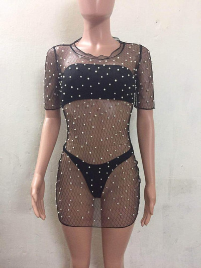 Tunica de plaja dama cu perle de culoare neagra