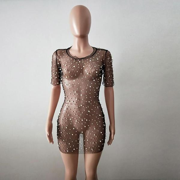 Tunica de plaja dama cu perle de culoare neagra