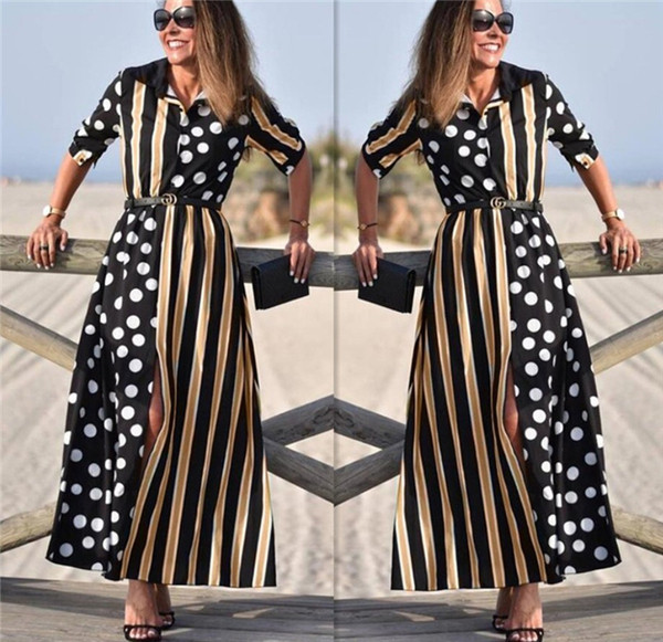 Γυναικεία ριγέ φόρεμα μακρύ στυλ με σχισμή και V-neckline