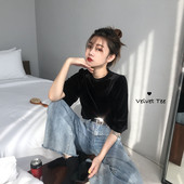 Bluză de damă modernă cu mâneci scurte de catifea în negru