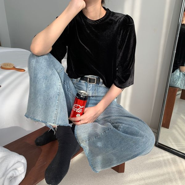 Bluză de damă modernă cu mâneci scurte de catifea în negru