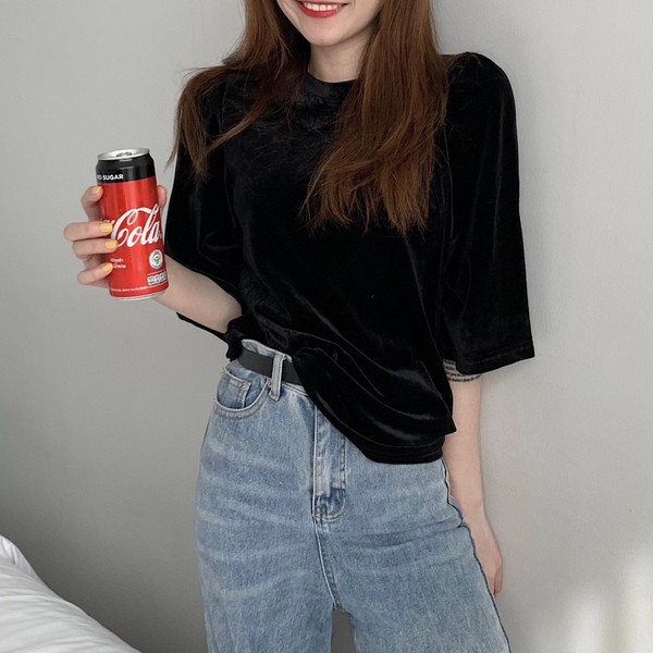 Bluză de damă modernă cu mâneci scurte de catifea în negru