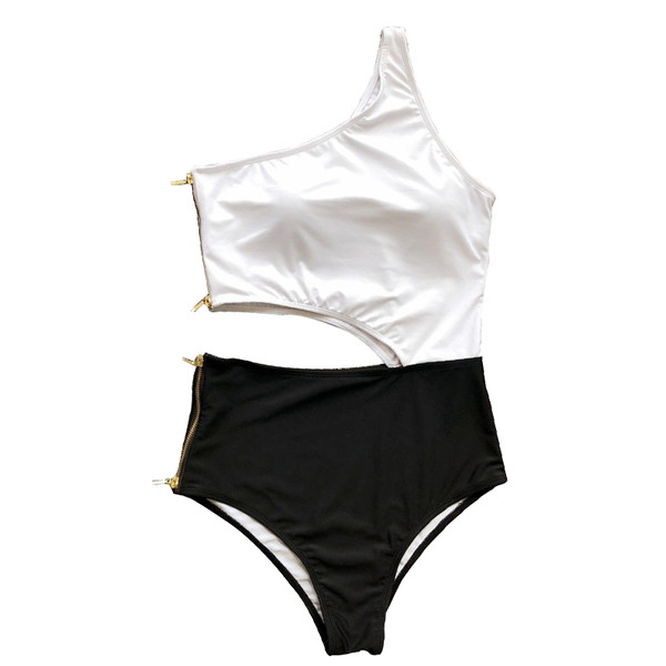 Costum de baie complet elegant, cu fermoare, în alb-negru