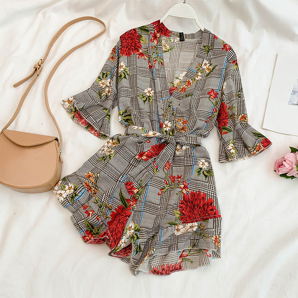 Női kockás jumpsuit virágmotívumokkal, két színben