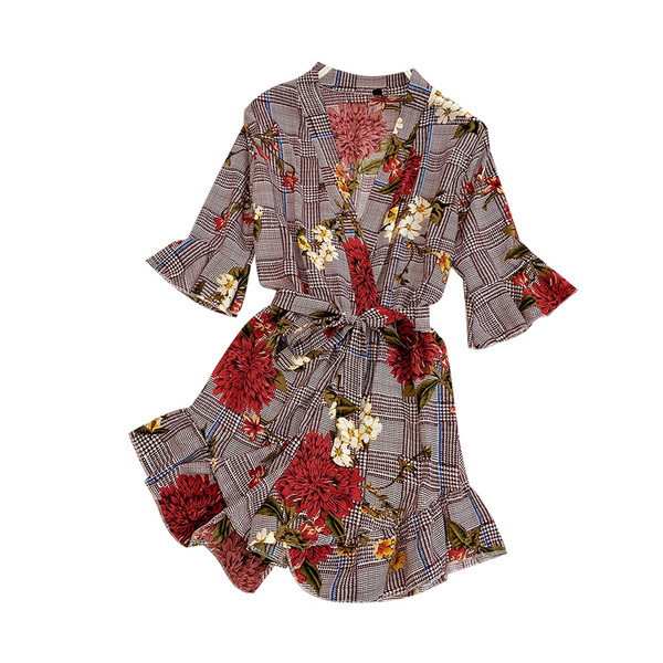 Női kockás jumpsuit virágmotívumokkal, két színben