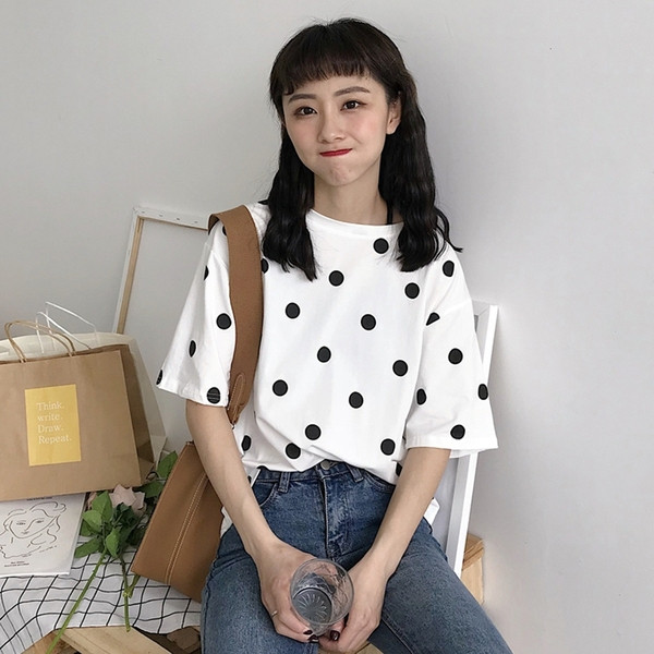 Bluză casual de damă cu buline, în două culori, cu mâneci scurte