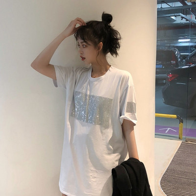 Bluză de damă modernă cu mâneci scurte în alb și negru cu paiete