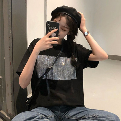 Bluză de damă modernă cu mâneci scurte în alb și negru cu paiete