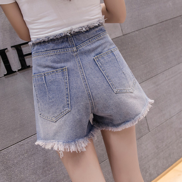 Дамски къси панталони с висока талия и връзки в син цвят