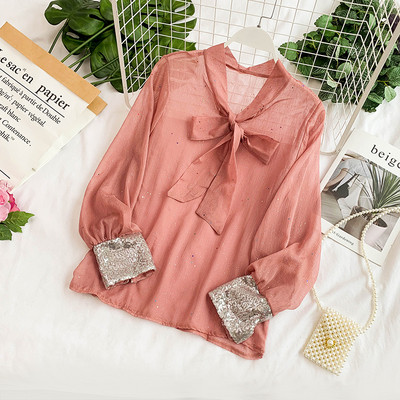 Camasa de dama transparenta cu panglica si paiete in mai multe culori