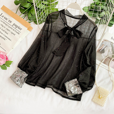 Camasa de dama transparenta cu panglica si paiete in mai multe culori