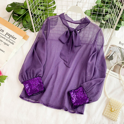 Camasa de dama transparenta cu panglica si paiete in mai multe culori