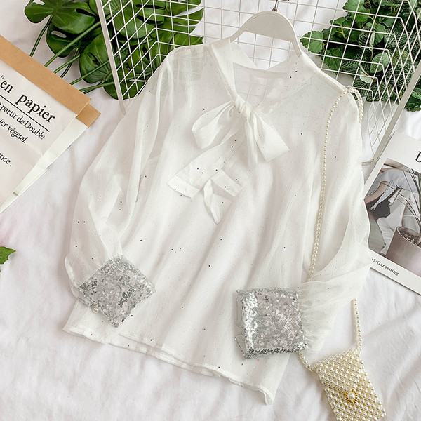 Camasa de dama transparenta cu panglica si paiete in mai multe culori