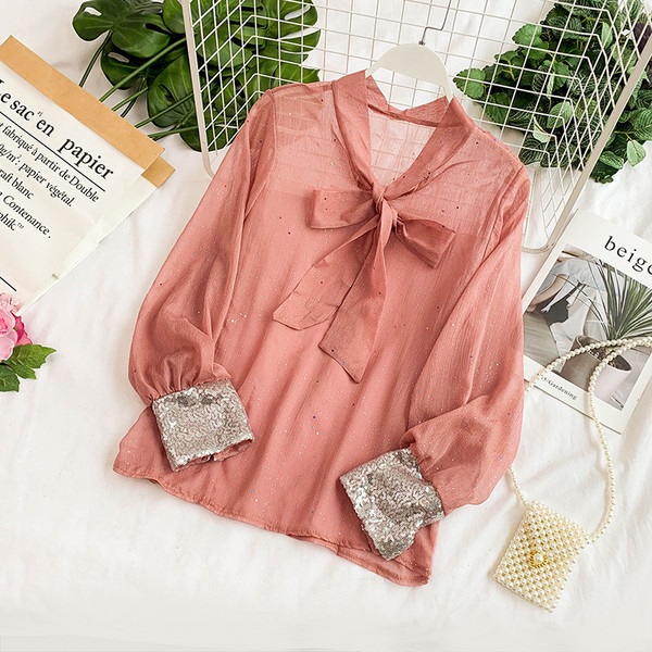 Camasa de dama transparenta cu panglica si paiete in mai multe culori