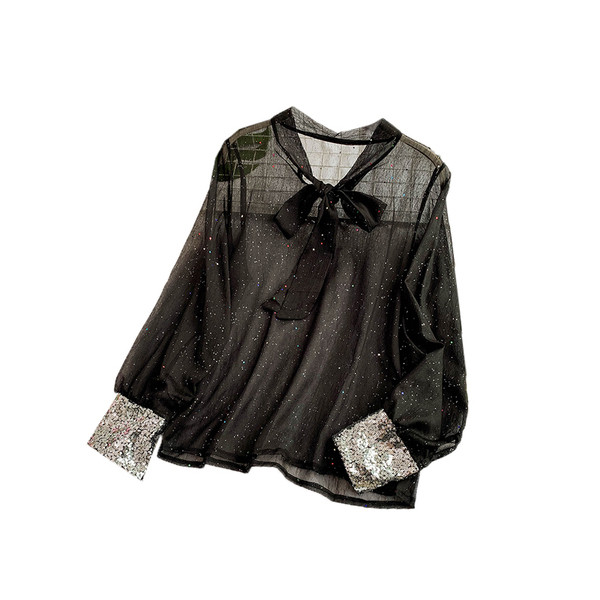 Camasa de dama transparenta cu panglica si paiete in mai multe culori