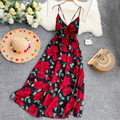 Rochie lunga de dama cu model floral si bretele subtiri in mai multe culori