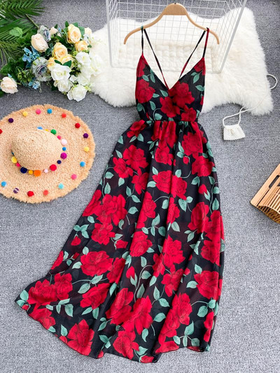 Rochie lunga de dama cu model floral si bretele subtiri in mai multe culori