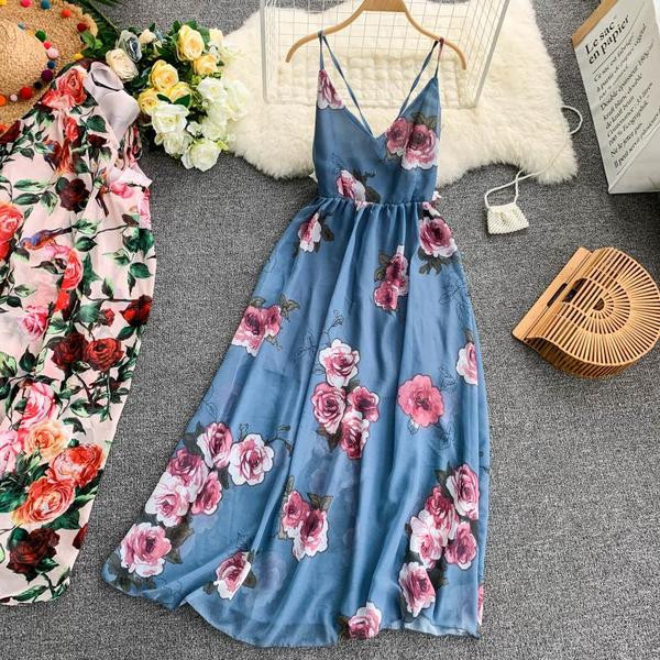 Rochie lunga de dama cu model floral si bretele subtiri in mai multe culori