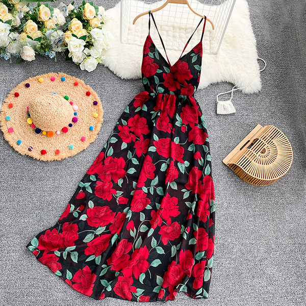 Rochie lunga de dama cu model floral si bretele subtiri in mai multe culori