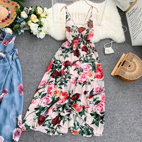 Rochie lunga de dama cu model floral si bretele subtiri in mai multe culori