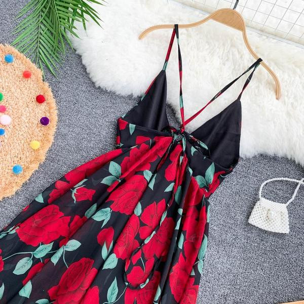 Rochie lunga de dama cu model floral si bretele subtiri in mai multe culori