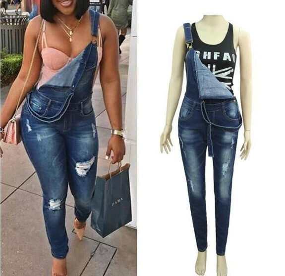 Lezser női farmer overál szakadt motívumokkal