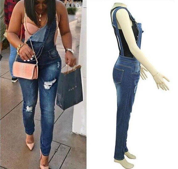 Lezser női farmer overál szakadt motívumokkal