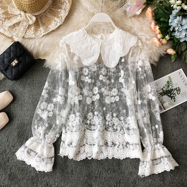 Camasa de dama transparenta din dantela in alb si bej