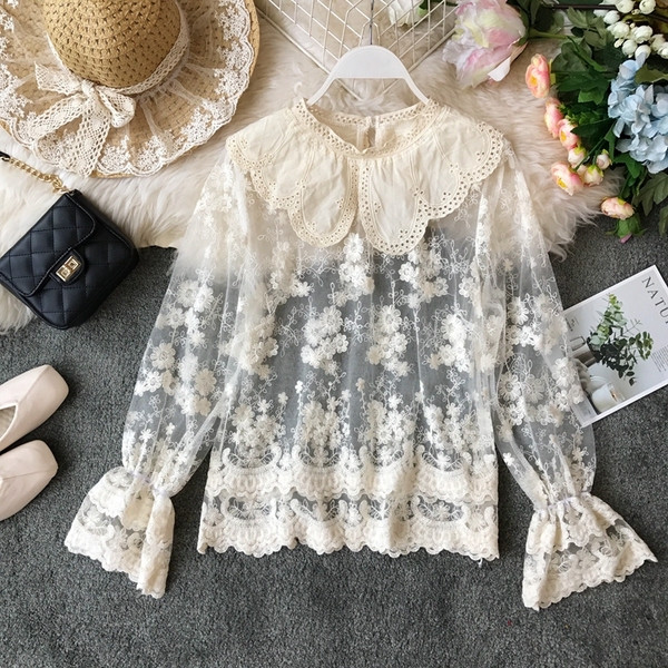 Camasa de dama transparenta din dantela in alb si bej