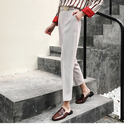 Pantaloni moderni de dama cu talie inalta si curea in doua culori