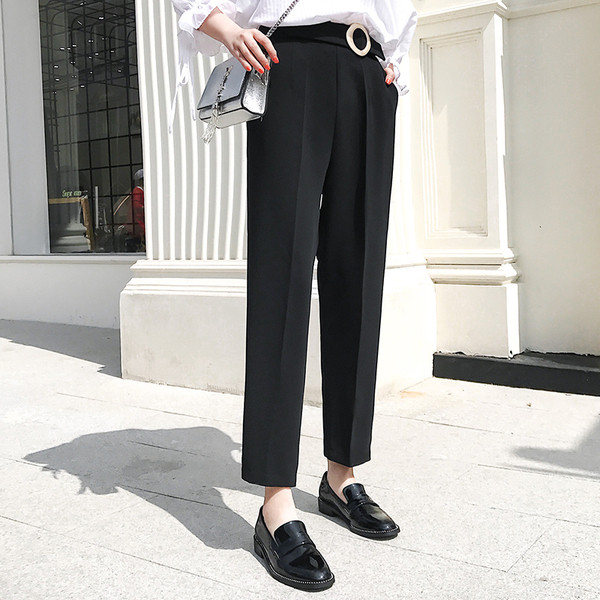 Pantaloni moderni de dama cu talie inalta si curea in doua culori