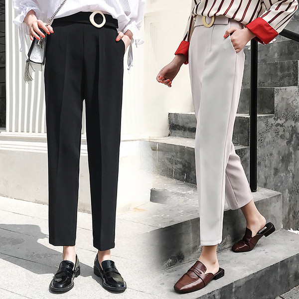 Pantaloni moderni de dama cu talie inalta si curea in doua culori