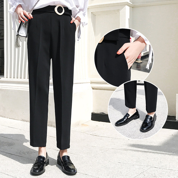 Pantaloni moderni de dama cu talie inalta si curea in doua culori