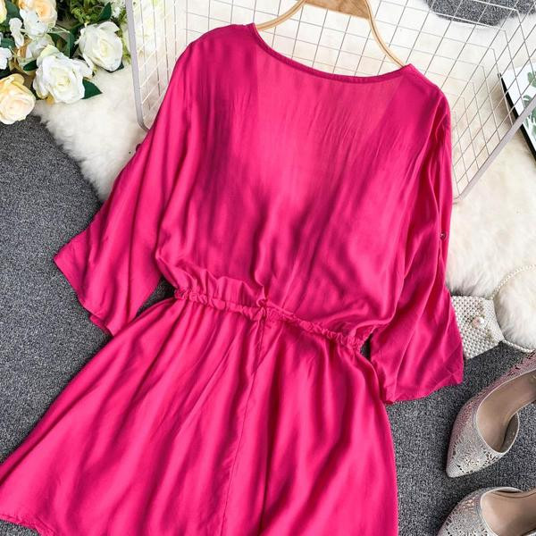 Salopeta de vara dama cu broderie si decolteu in V in culoarea ciclamenului