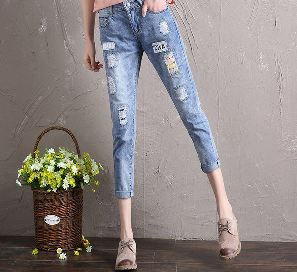 Blugi moderni de dama cu motiv rupt in bleumarin si albastru deschis