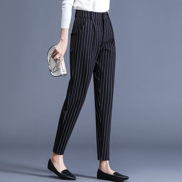 Pantaloni eleganti in dungi pentru femei cu talie inalta