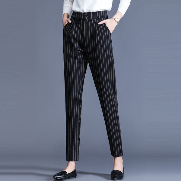 Pantaloni eleganti in dungi pentru femei cu talie inalta