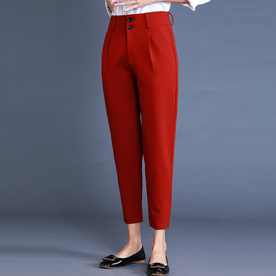 Pantaloni eleganti de dama cu buzunare in negru si rosu