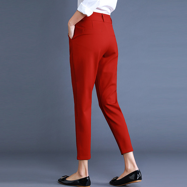 Pantaloni eleganti de dama cu buzunare in negru si rosu