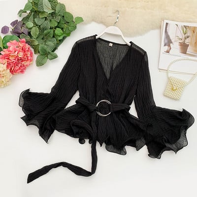 Modern női ing V-nyakkal és övvel több színben