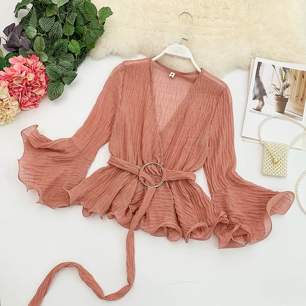 Modern női ing V-nyakkal és övvel több színben