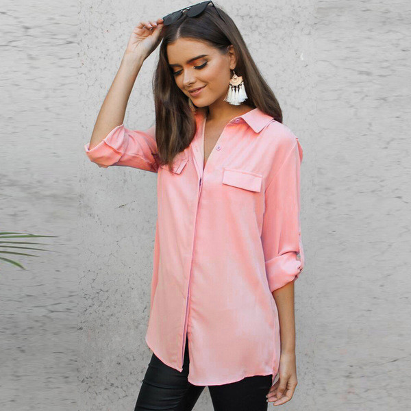 Cămașă elegantă de damă cu mâneci tip role în alb, negru și roz