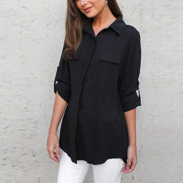 Cămașă elegantă de damă cu mâneci tip role în alb, negru și roz