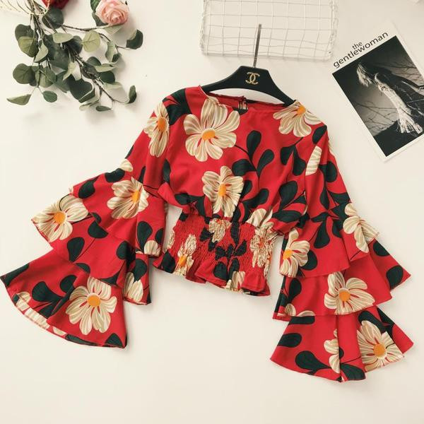 Bluză de damă modernă cu mâneci lotus și motive florale în mai multe culori