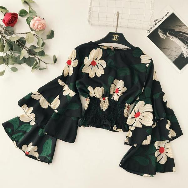 Bluză de damă modernă cu mâneci lotus și motive florale în mai multe culori