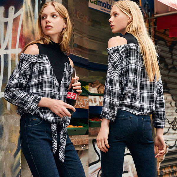 Cămașă casual de damă cu umerii deschiși în alb-negru