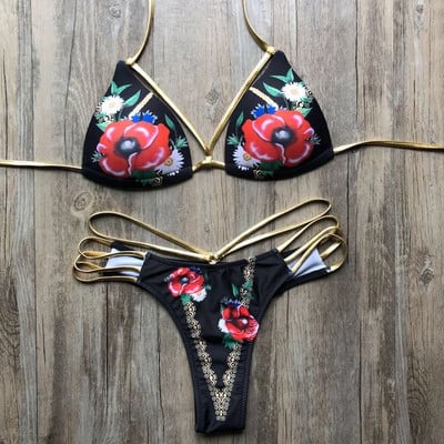 Costum de baie modern din două piese, negru, cu imprimeu floral și cravate aurii