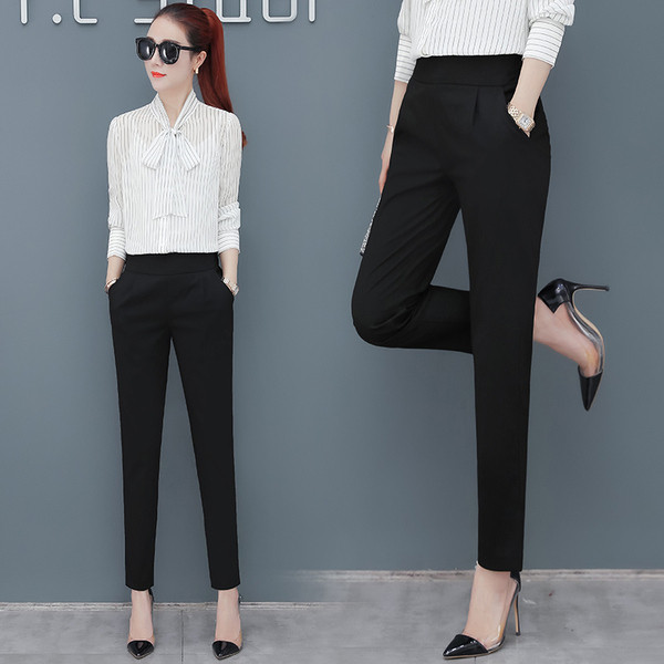 Pantaloni moderni de dama in negru si gri cu talie inalta