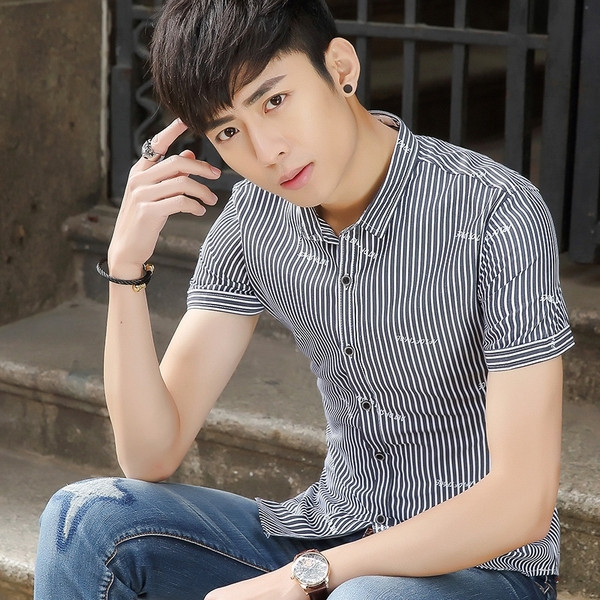 Férfi csíkos ing rövid ujjú fekete és kék színben