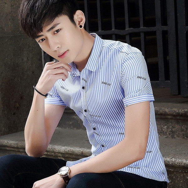 Férfi csíkos ing rövid ujjú fekete és kék színben